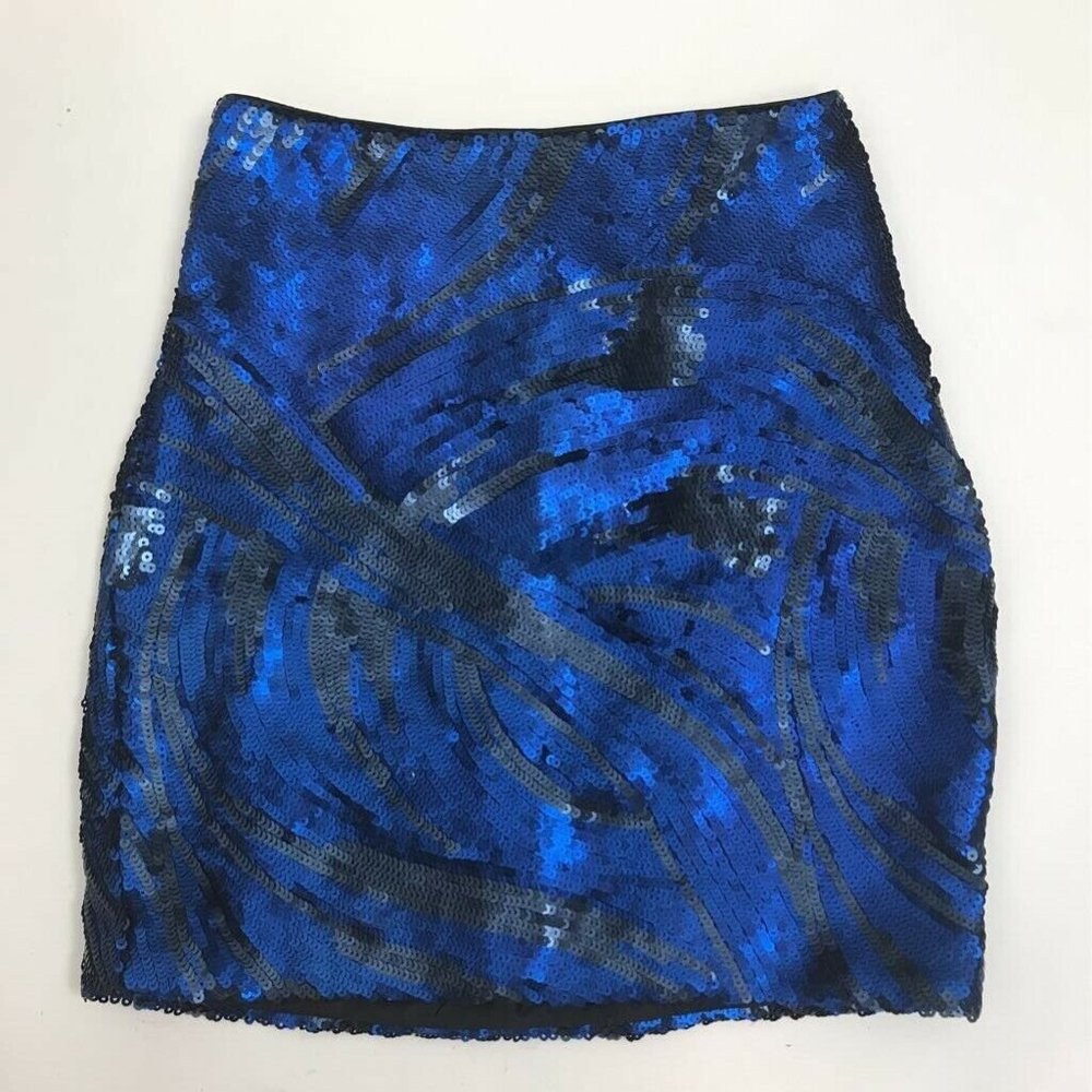 Bebe Pencil Skirt Blue Black Abstract Mini Lined 0